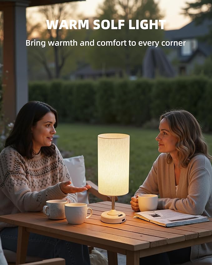 Bedside Table Lamp, Cordless, Dimmable, Touch, Timer, 2700K, Bedroom, Portable, LED, Wireless, Rechargeable, Battery Operated, Desk Lamp, Fabric Shade, Wood-Grain Finish, Living Room, Dining Room