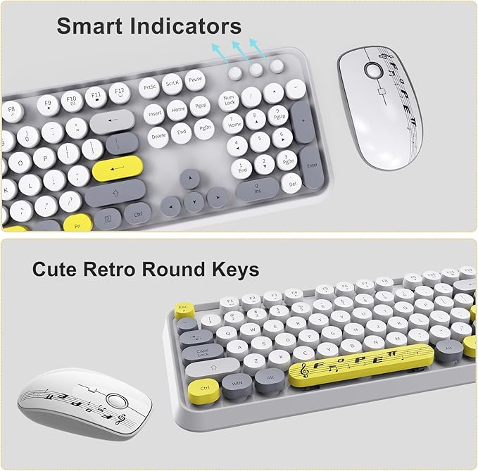 Wireless Keyboard Mouse Combo,Retro Typewriter Keyboard with Round Keycaps,2.4G Wireless Full Size Office Keyboard and Cute Mouse with 3 DPI for PC Mac Laptop Desktop Tablet Computer-Grey Colorful