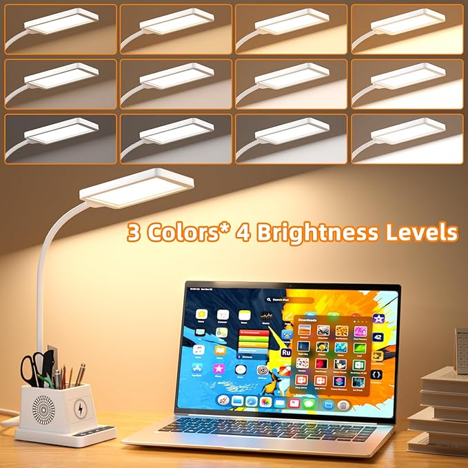 cozoo Desk Lamp, LED Desk Lamps for Home Office with 15W Wireless Charger/Organizer,Desk Lamp for College Dorm Eye-Caring Study Light,Gooseneck Table Lamp with Pen Holders/Storage,12 Lighting Modes