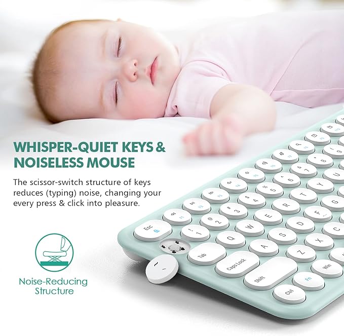 Wireless Keyboard and Mouse Combo, XTREMTEC Cute Kawaii Green Aesthetic Quiet Laptop Keyboard Teclado y Mouse Inalambrico Mac (Macaron Green)