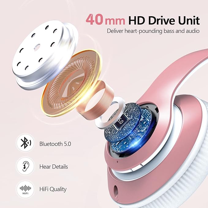 9S Over Ear Bluetooth Headphones, 60 Hours Playtime, Hi-Fi Stereo, Deep Bass, Microphone, Foldable, Rose Gold