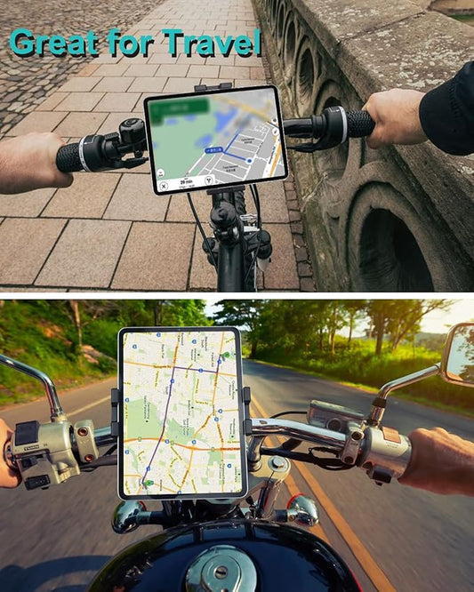 Bike Tablet Holder, Metal Motorcycle Tablet Mount, Anti Shake Handlebar Clamp for iPad Pro 12.9/11/ Air/Mini, Galaxy Tabs, Z Fold, iPhone, Fits 4-13" Tablets, 1/4'' Screw Adapter for Camera