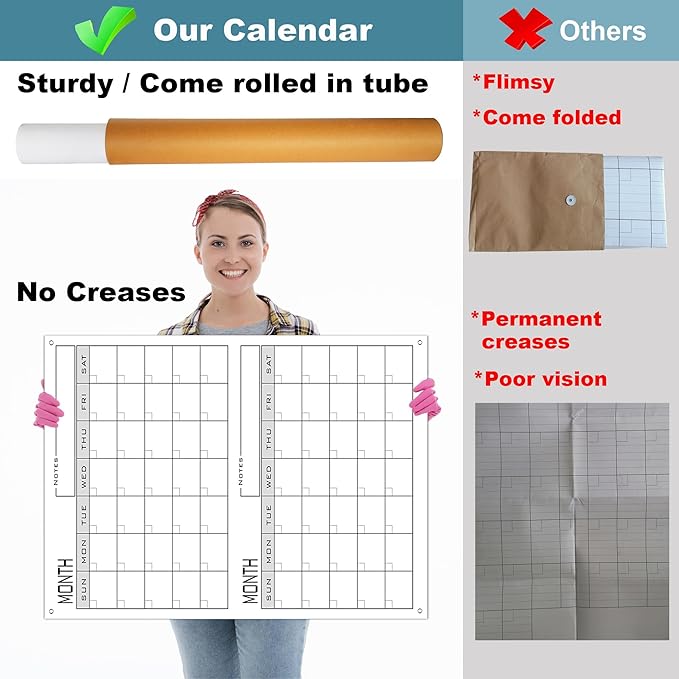 2 Month Dry Erase Calendar For Wall,24"x36" Large 60 Day Erasable & Reusable Wall Planner,Giant Laminated Scheduling Poster,Big Undated Month Planning Whiteboards For Home,Medium Office,School