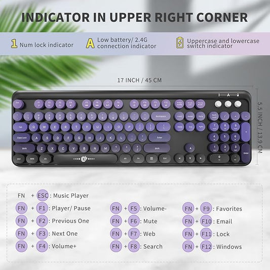 FOPETT Wireless Keyboard and Mouse Combo, 104 Keys Full-Sized 2.4 GHz Round Keycap Colorful Keyboards, USB Receiver Plug and Play, for Windows, Mac, PC, Laptop, Desktop (Black Purple)