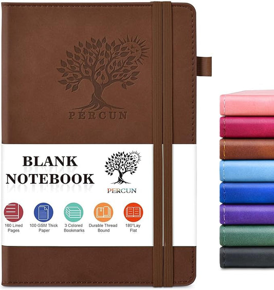 PERCUN Blank Journal Ntebook for Men & Women, 160 Pages Blank Journals for Writing, Drawing,Sketch Book,5.9" x 8.5" Leather Sketchbook, Unlined Notebook for Work, School, Art - Brown