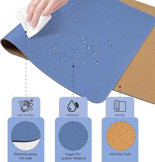 BLESWIN Large Desk Pad Mat 47.2"" x 17"", Office Desk Mat, Non-Slip PU Leather & Cork Desk Blotter for Keyboard and Mouse, Large Desk Mat, Large Mouse Pad for Office & Home(Lake Blue)