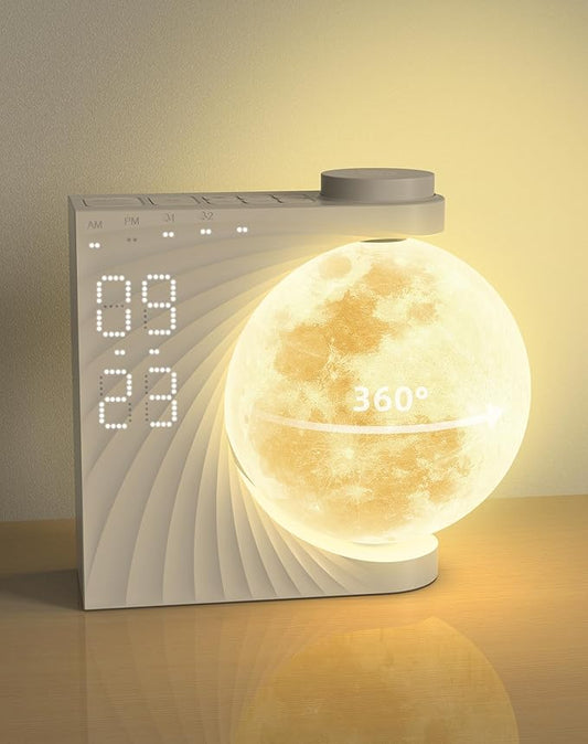Sunrise Alarm Clock for Bedrooms - Auto-Rotating Moon Lamp with Wake-Up Light & Night Light, 10 Nature Sounds, Dual Alarms for Heavy Sleepers, 30/60/90 Timer & Snooze