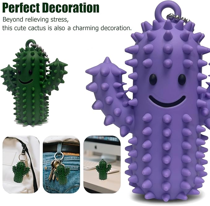 Pain Fidget Toys for Adults, Spiky Silicone Sensory Tool for Anxiety Relief - Acupressure Cactus for Deep Pressure Stimulation & Focus, Silent Portable Stress Keychain, Easy to Clean (Green+Purple)
