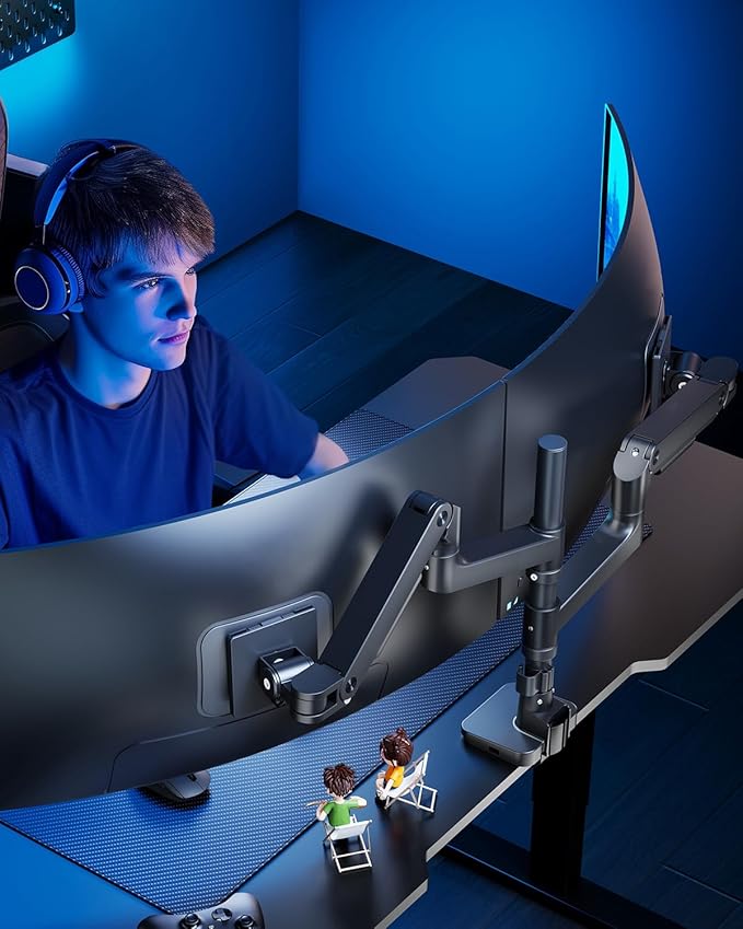 ARES WING Dual Monitor Stand for Ultrawide Heavy Duty Curved Monitor Stacking, Fits 17-49 Inch, Vertical Gas Spring Double Monitor Mount with USB, Adjustable Dual Monitor Mount for Desk, Black