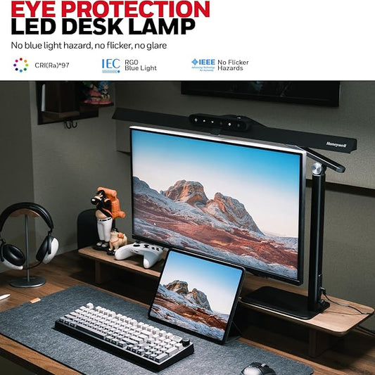 Honeywell LED Desk Lamp with Base - HJ1BK Sunturalux Eye-Caring Architect Desk Lamp for Home Office, 1200LM Computer Desk Light 4 Color Modes Stepless Dimming Task Desk Light with Timer Function Black