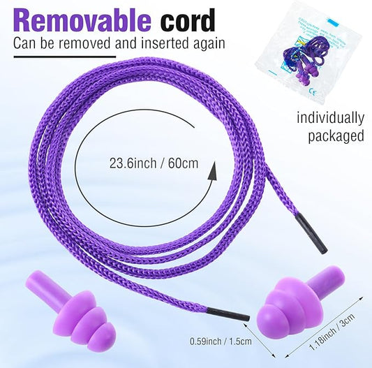 Tondiamo 200 Pairs Ear Plugs Reusable Silicone Earplugs with Cord Sleeping Individually Wrapped Hearing Protection Noise Cancelling Earplugs for Work Construction Shooting Sports(Purple)