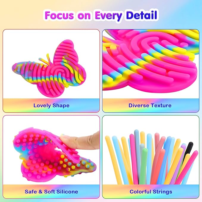 MoKo Sensory Activity Board, Double-Sided Silicone Sensory Activity Board with 55 Strings, Fidget Toys for Kids 3+ & Adults Calming, Stress, Anxiety, Autism & ADHD, 5 Pack