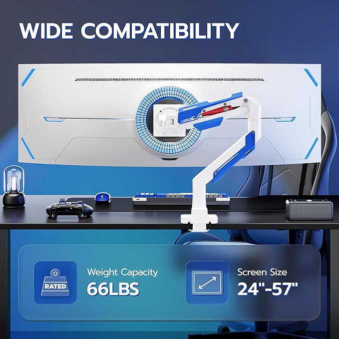 ARES WING Heavy Duty Single Monitor Arm - Gas Spring Aluminum Monitor Mount for 24"-57" Ultrawide Screens up to 66 lbs with Clamp/Grommet Desk Mount, 75/100/200 Vesa Mount, White