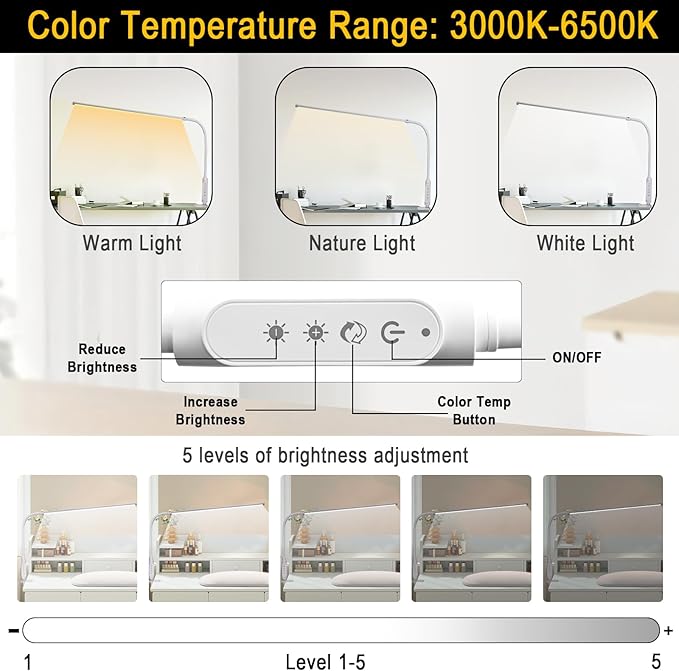 CGBE Nail Light for Desk: 360° Adjustable Nail Lamp for Desk with 3 Color Modes 5 Brightness, 23.6-Inch Led Desk Lamp for Salon Manicurist Tattoo Crafts Sewing Work Reading Game