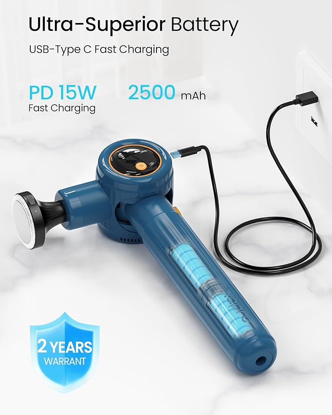 Massage Gun with Heat,Massage Gun Deep Tissue with Extension Handle & 3 Adjustable Angles,Handheld Percussion Back Massager for Muscle/Neck/Body Pain Relief with Portable Case,Blue