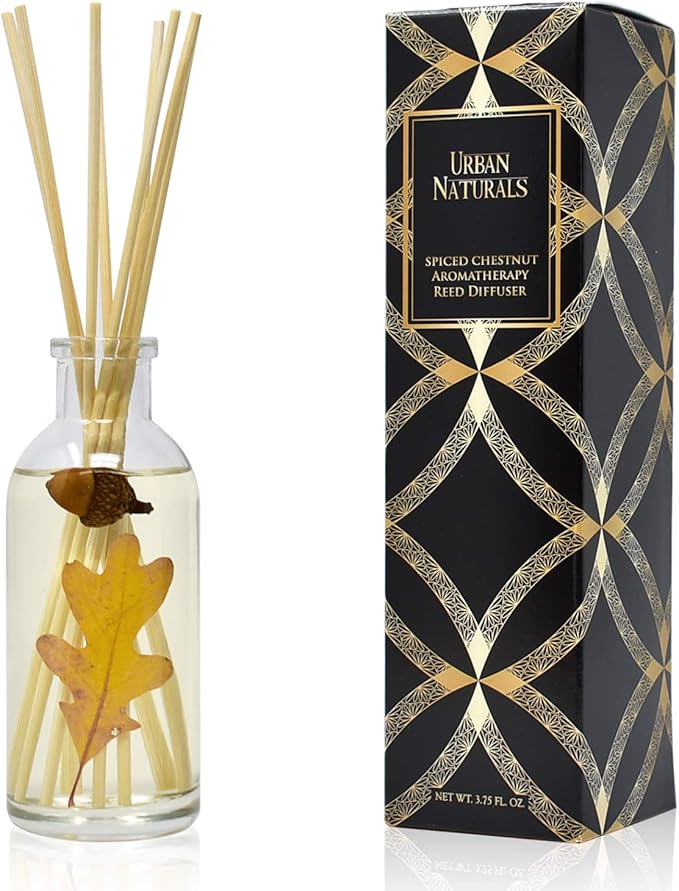 Urban Naturals Spiced Chestnut Reed Diffuser Sticks and Oil Set β Comforting Autumn Scent of Chestnuts, Cinnamon, Clove and Cedar Wood with Real Acorns and Fall Leaves β 3.75 Ounces β Made in The USA