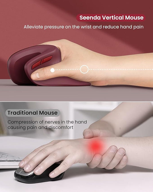 seenda Ergonomic Vertical Mouse with Jiggler - Bluetooth + 2.4G USB Multi Device, Wireless Ergo Mice, Jiggler Mouse Mover for Laptop/PC/Notebook, Computer Mice for Windows, Mac OS (Wine Red)