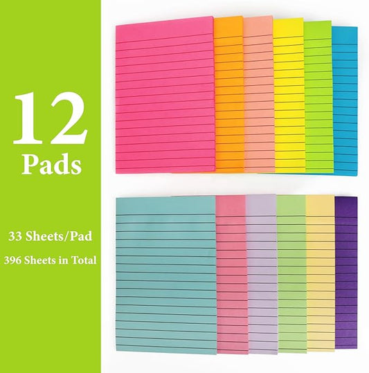 12 Pads Lined Sticky Notes 4x6 Sticky Notes with Lines Self-Stick Note Pads 12 Bright Multi Colors Big Rectangular Sticky Note for Office,Home,School, Meeting, 33 Sheet/Pad