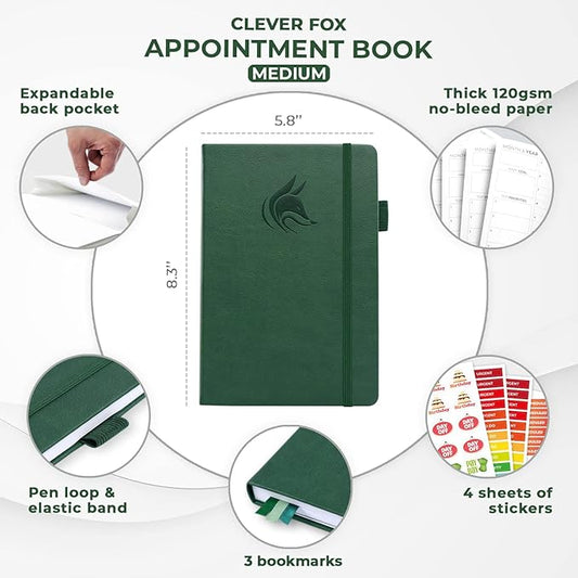 Clever Fox Appointment Book – Hourly Schedule Planner with Time Slots – Time Box Planner for Daily Work & To-Dos – Weekly & Monthly Spreads, Undated, Hardcover, A5 Size (Dark Green)
