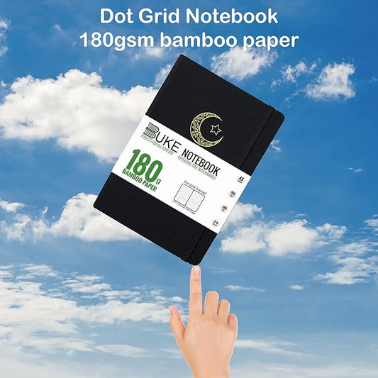 BUKE Dotted Journal,A5 Hardcover Dot Grid Notebook 180Gsm Bamboo White Paper, 5 * 5MM Dots 160 Pages, Lay Flat Binding,Colored Silver Edges, Bookmarks and Expandable Back Pocket MOON