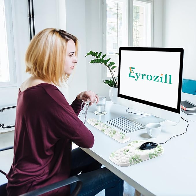 3 in 1 Ergonomic Mouse Pad and Keyboard Wrist Rest, Cute Mouse Pad with Wrist Support Massage Design, Non-Slip Wrist Pad for Mouse, Desk Mouse Set (Green Plant)