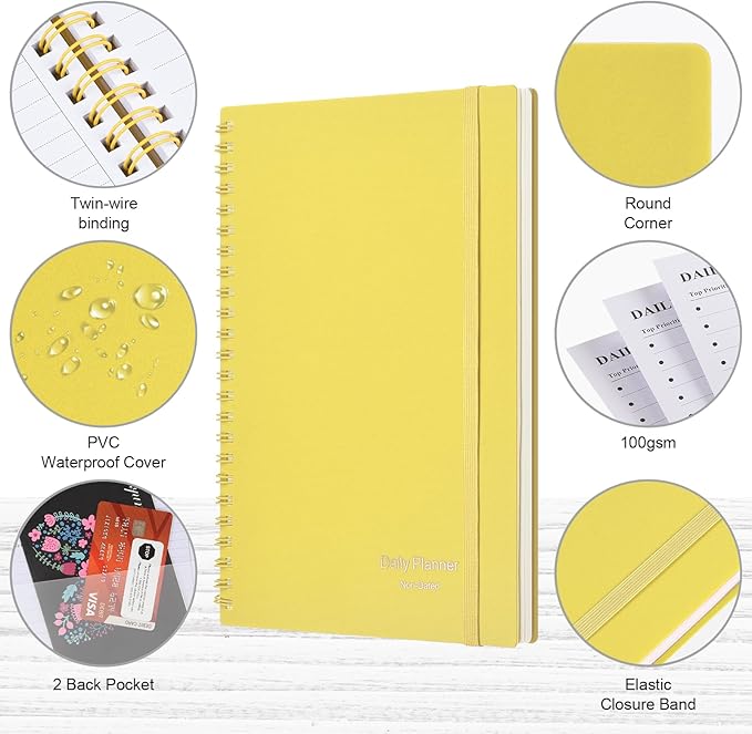 Asten Daily Planner Undated - To Do List Notebook With Hourly Schedules and Spiral Appointment Book for Men and Women, ADHD Work Planner With Inner Pocket 8.3"x 5.8" (Yellow)