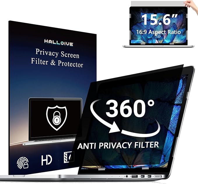 4-Way Laptop Privacy Screen Shield 15.6 Inch, Removable 16:9 Aspect 360° Privacy Filter Screen Protector for 15.6 Inch Laptop Computer, Anti Glare Blue Light Slide Mount Tabs Cover for Generic Laptop