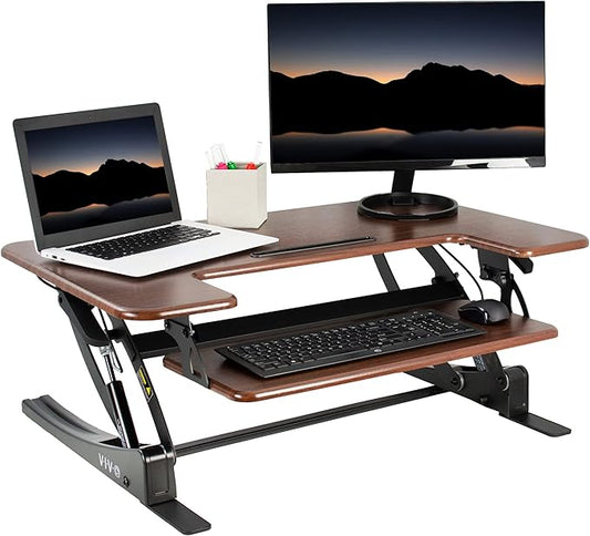 VIVO 36 inch Height Adjustable Stand Up Desk Converter, V Series, Quick Sit to Stand Tabletop Dual Monitor Riser Workstation, Dark Walnut Top, Black Frame, DESK-V000VD