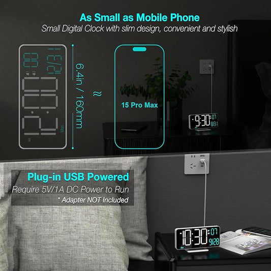 KOSUMOSU Digital Alarm Clocks 6.7in Small Digital Clock for Bedroom,Auto Dimming,Dual Alarm, Date, Seconds, Day of Week, Indoor Temperature,Desk Clock for Classroom,LED Clocks for Living Room