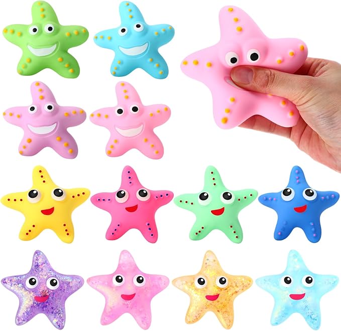 Meooeck 12 Pack Axolotl Stress Relief Toys Glitter Axolotl Starfish Stress Balls Fun Relaxing Squeeze Fidget Toys Relieve Anxiety Squeeze for Birthday Party Goodie Bag Stuffers(Starfish)