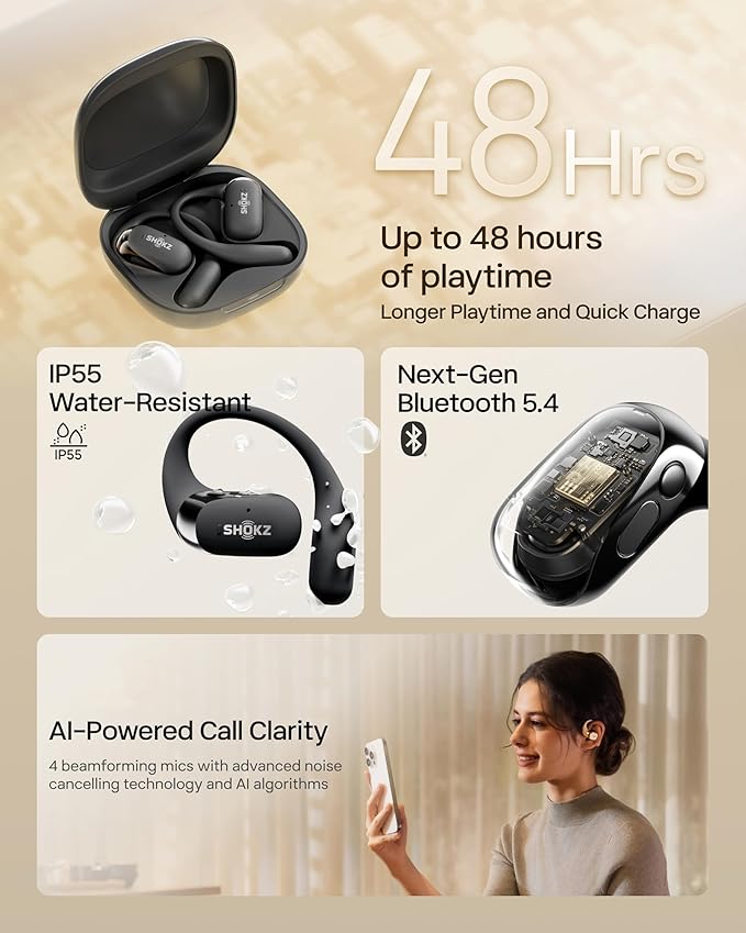SHOKZ New OpenFit 2 Open-Ear Headphones, True Wireless Bluetooth Earphones with Microphone, Earhook Earbuds with 48 Hours of Playtime, Fast Charging, IP55 Water-Resistant, with Carrying Bag, Black