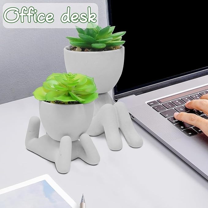 Zerzsy 2PCS Cute Artificial Succulent Plants with Creative Human Shaped Pots, Desk Decoration Artificial Plants Indoor for Home and Office Decor(Cement Gray)