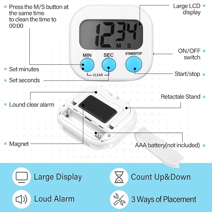 Weewooday 24 Packs Small Digital Kitchen Timer Magnetic Back and Switch Minute Second Count up Countdown Big LCD Display Loud Alarm for Teacher Cooking Baking(Black, White)