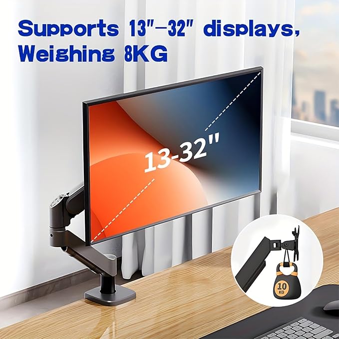 Ultrawide Monitor Arm for 13 to 32 inch Flat/Curved Computer Screen, Gas Spring Single Monitor Mount Holds up to 17.63 lbs, Clamp & Grommet Base, VESA 75x75/100x100mm, Black