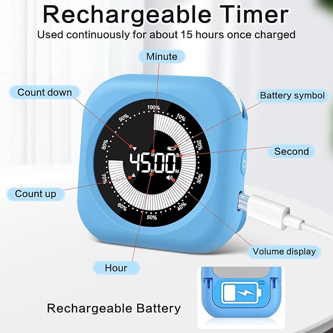 Visual Timer for Kids Rechargeable, 10-Hour Digital Timer ,Magnetic Timer with Visual Time Bars Design,3 Brightness/3 Volume Adjustable, Countdown/up Timers for Classroom Study Game GYM Kitchen Office