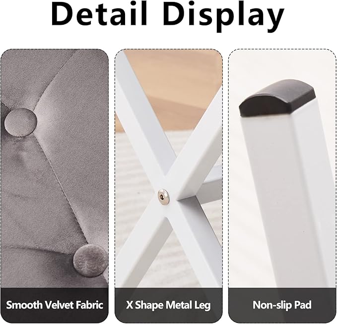 Wimarsbon Ottoman Foot Stool Tufted Vanity Stool Ottomans Thickened Cushion Footstool Mulifunctional Shoe Changing Seat Step Stools with Metal X Leg for Living Room Bedroom Velvet Grey