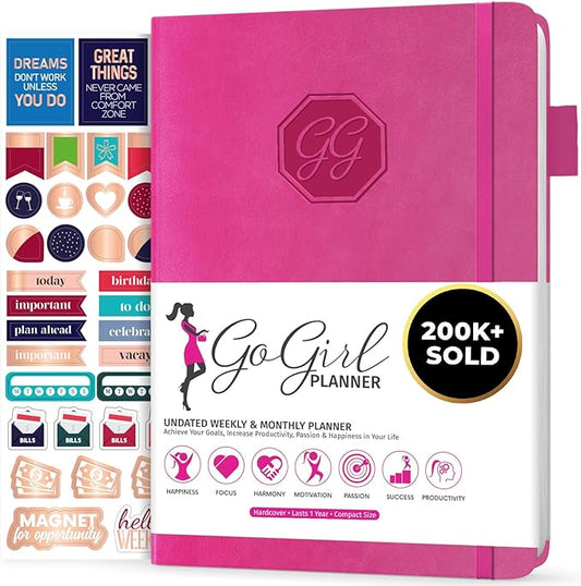 GoGirl Planner and Organizer for Women – Compact Size Weekly Planner, Goals Journal & Agenda to Improve Time Management, Productivity & Live Happier. Undated – Start Anytime, Lasts 1 Year – Hot Pink