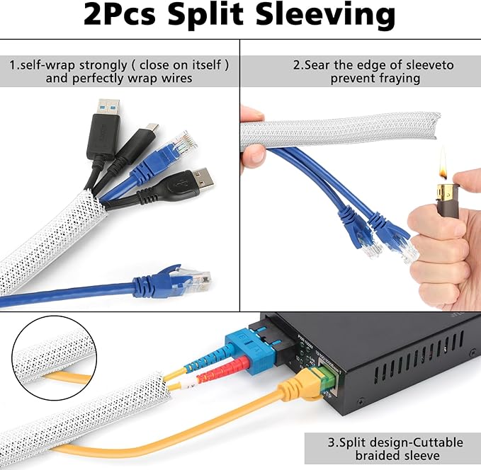 White Cable Management Organizer Kit, 2 Wire Sleeve Protector, 41 Self Adhesive Cable Clips Holder, 10pcs+2 Roll Reusable Cable Ties and 100 Cable Zip Ties for TV Computer Cord Tidy Under Desk