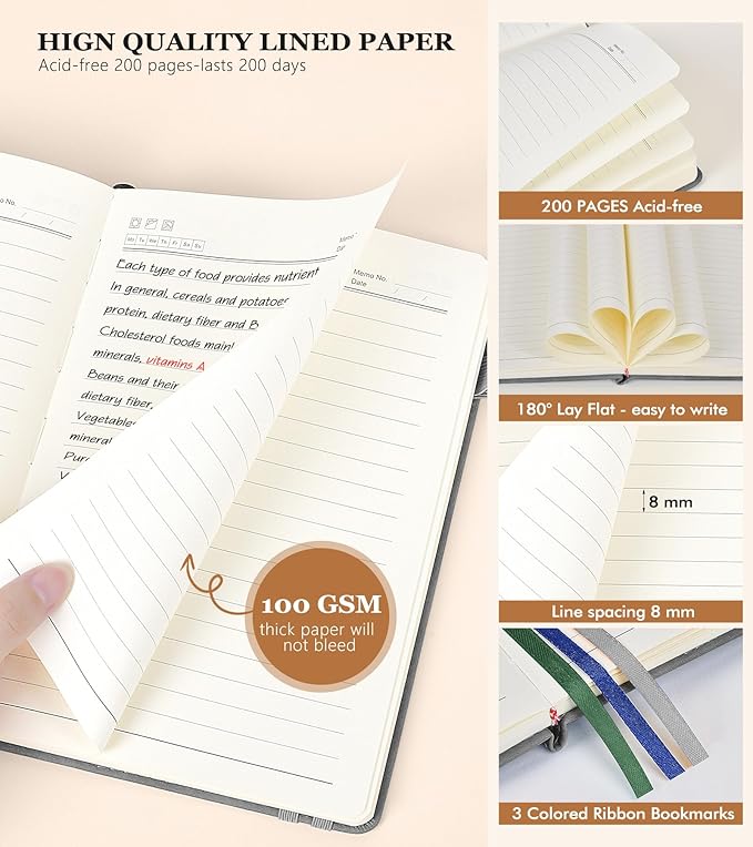 Lined Journal Notebook for Men & Women,200 Pages A5 Hardcover Leather Notebook (5.9"x8.5"), Travel Journal for Work, School, Business Writing, Note Taking, Notepad Diary (Grey)