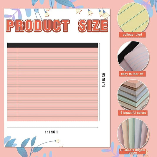 Lincia 6 Pcs 11" x 9.5" Legal Pads College Ruled Notepad Landscape Notebook Horizontal Lined Notebook 80 Gsm Assorted Colors Paper Pastel Writing Pads for School Office, 40 Sheet (Cute Color)