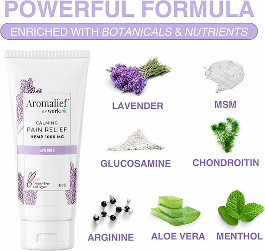 Hemp Cream with Lavender Aromatherapy - 1000MG Made in USA - Muscle & Joint Relief - Menthol, Glucosamine, Chondroitin MSM - Vegan