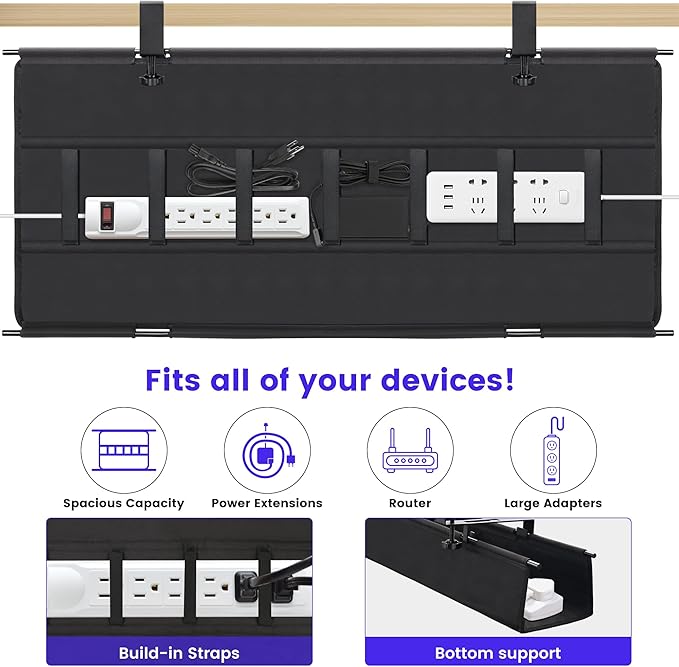 Under Desk Cable Management Tray, Clamp-On Cord Organizer,No Drilling Required, Holds Up to 22 lbs, for Cords, Routers, Power Strips (Black, 28.4inch)
