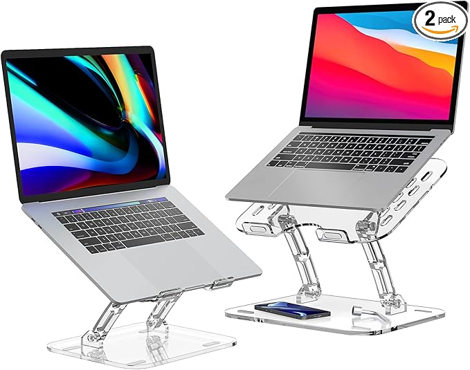 2 Pack Acrylic Laptop Stand for Desk, Adjustable Ergonomic Laptop Riser, Portable Foldable Computer Stand, Compatible with 10 to 15.6 Inches Notebook and MacBook, Clear