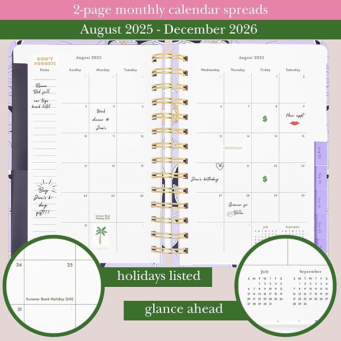 kate spade new york Daily Planner 2025-2026 Medium Agenda August 2025-December 2026, Hardcover Weekly and Monthly Spiral Planner with Stickers (Coastal Garden)