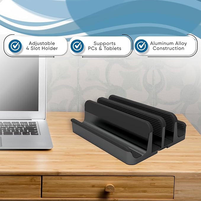 Elestoria 4 Device Vertical Laptop Stand – Adjustable Desktop Dock for MacBook, Dell, HP, Lenovo, iPad, Tablets & Phones – Multiple Slot Holder (Fits Up to 17.3") – Black