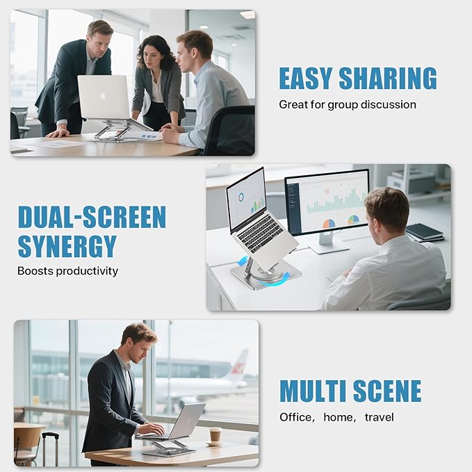 360° Swivel Laptop Stand - 2.5mm Heavy-Duty Aerospace Aluminum, Adjustable Height & Angle, Sturdy Yet Lightweight,Ergonomic Desk Mount for 10-17" MacBook/Dell/HP,Silver