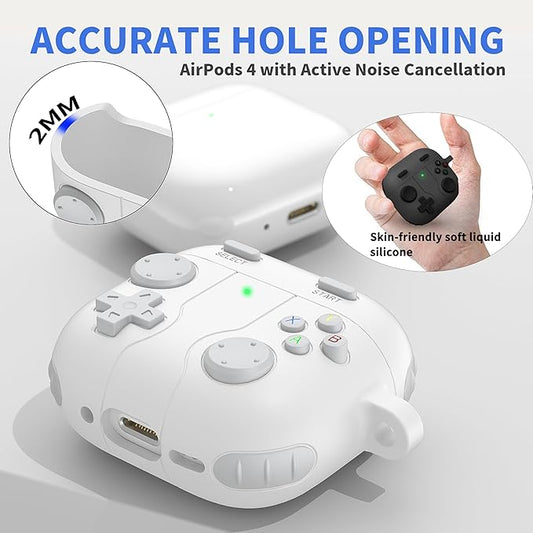 DamonLight Game Case for AirPods 4 Cover Shock-Proof Protective Silicone Case with Cleaning Pen and Keychain Accessories for Apple Airpods 4th Generation (White)