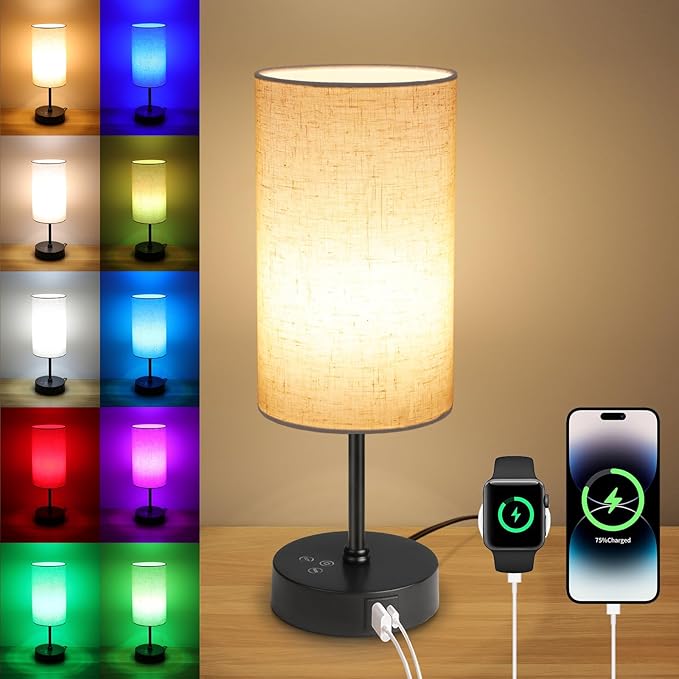 Ascher RGB Table Lamp Color Changing - 3 Color Temperatures and Stepless Dimmable Small Bedside Lamp for Bedroom, Touch Control Nightstand Light with Flaxen Shade for Reading Home Decor Lights