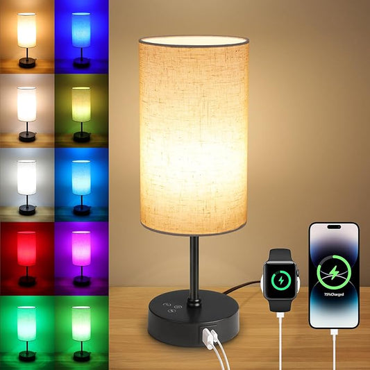Ascher RGB Table Lamp Color Changing - 3 Color Temperatures and Stepless Dimmable Small Bedside Lamp for Bedroom, Touch Control Nightstand Light with Flaxen Shade for Reading Home Decor Lights