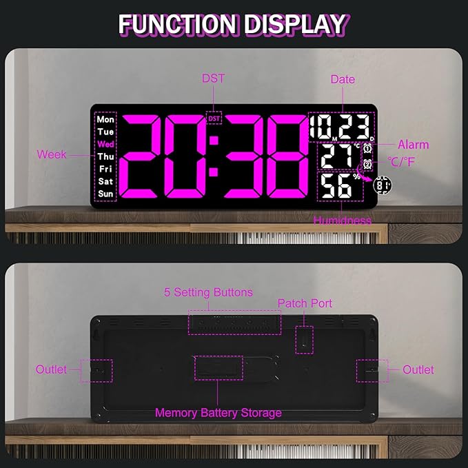 JoFomp 17.3" Large Digital Wall Clock, LED Digital Clock Large Display with Remote Control, Alarm Clock with Temp/DST/Dimmer/Humidity/Timer/Ambient Light - 12/24H, Alarm Wall Clock for Bedroom